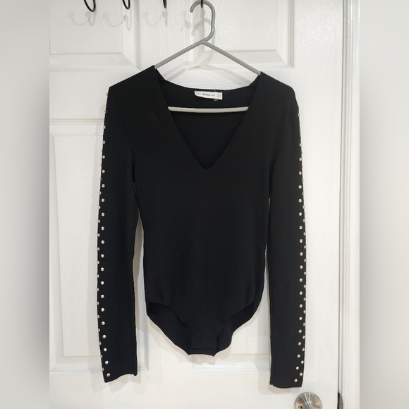 Zara Bodysuit With Bead Trim Black Long Sleeve Large - Picture 2 of 6